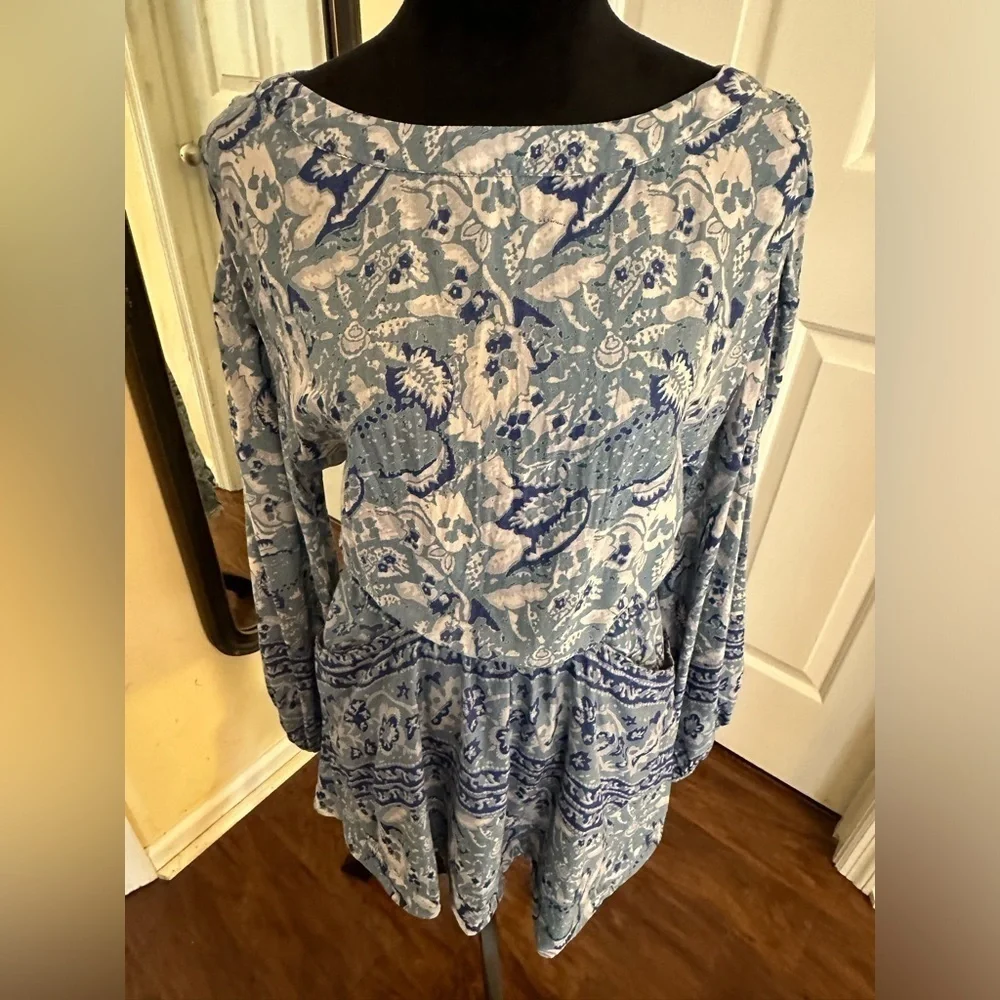 Free People Blue Printed Boho Open Back Mini Dress